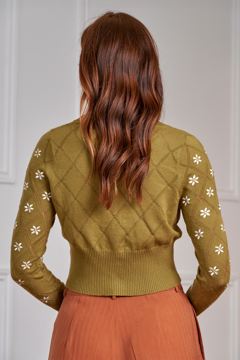 Fearn Flower Cardigan olijfgroen