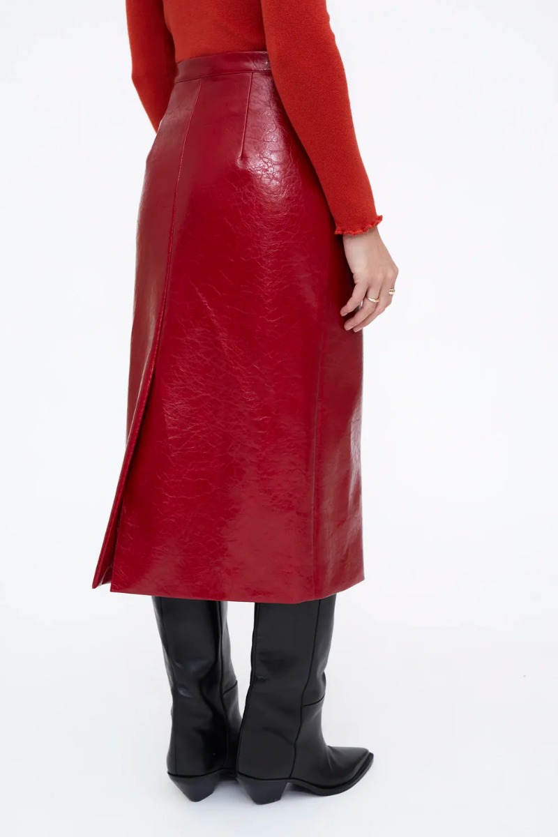 Midi Lederlook Rok Rood