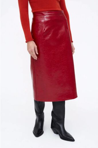 Midi Lederlook Rok Rood