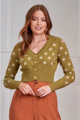 Fearn Flower Cardigan olijfgroen