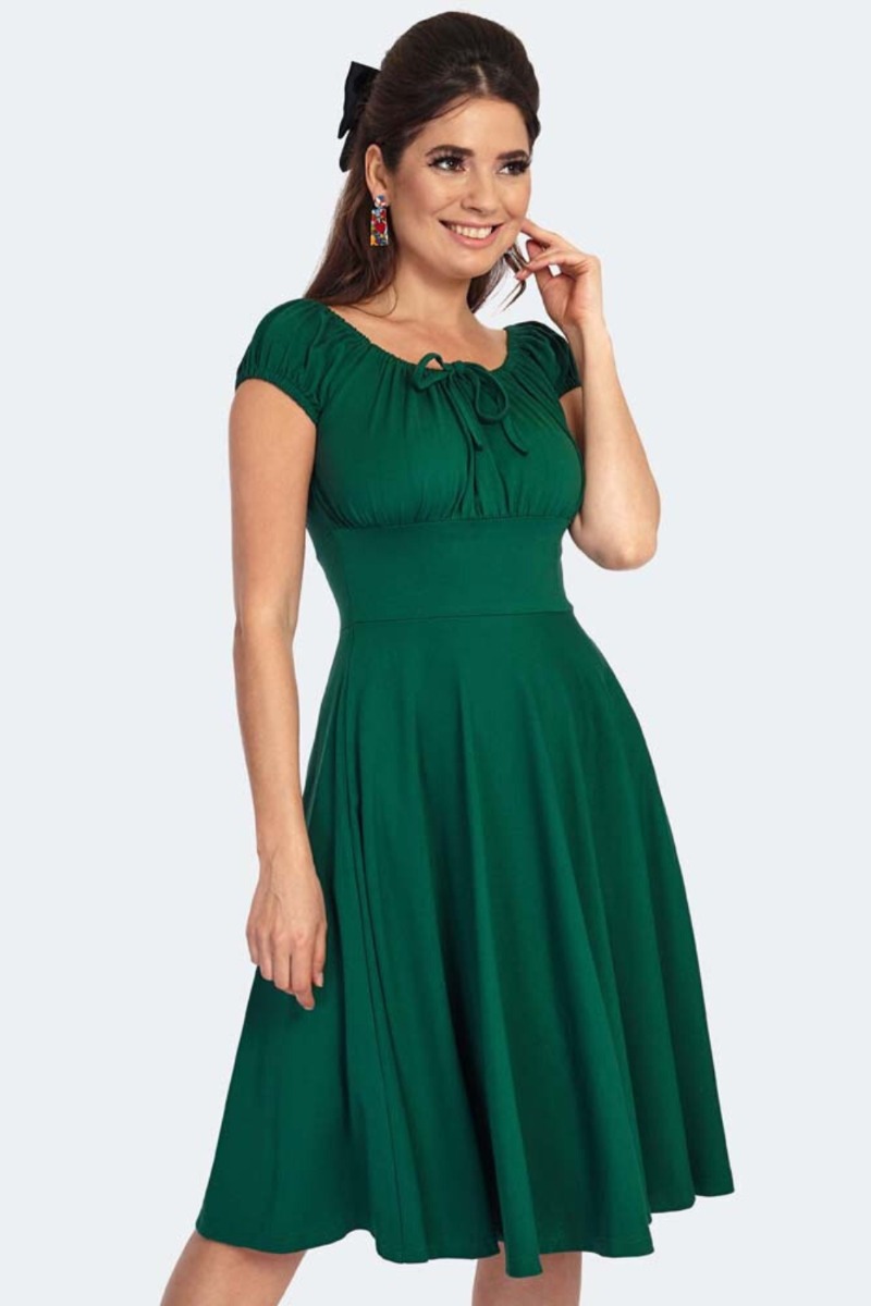 Gathered Necline Flare Kleedje Groen