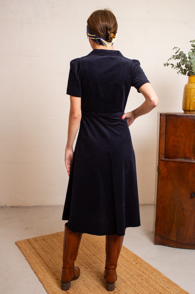 Revers Kleedje Midi Corduroy Marino