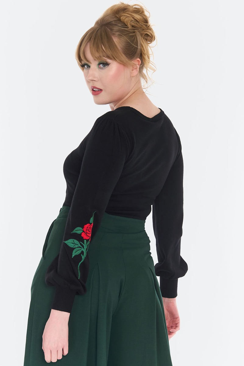 Rose Embroidery Bell Sweater Zwart